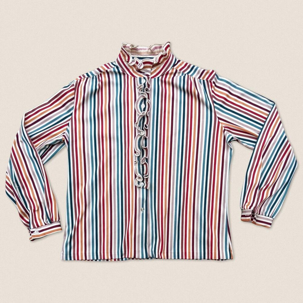 Vintage Morlove Candy Pin Striped button up frilly top - Size Medium